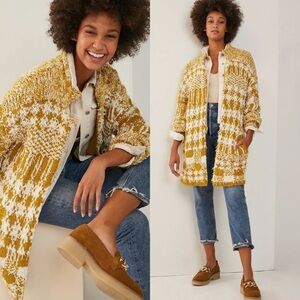 Anthropologie Shaina sweater coat in chartreuse and white